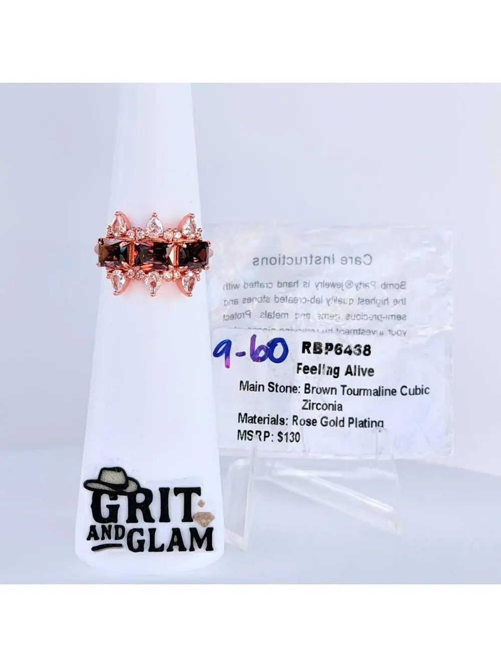 Bomb Party Ring Size 9 “Feeling Alive” Brown Tourmaline & CZ on Rose Gold
